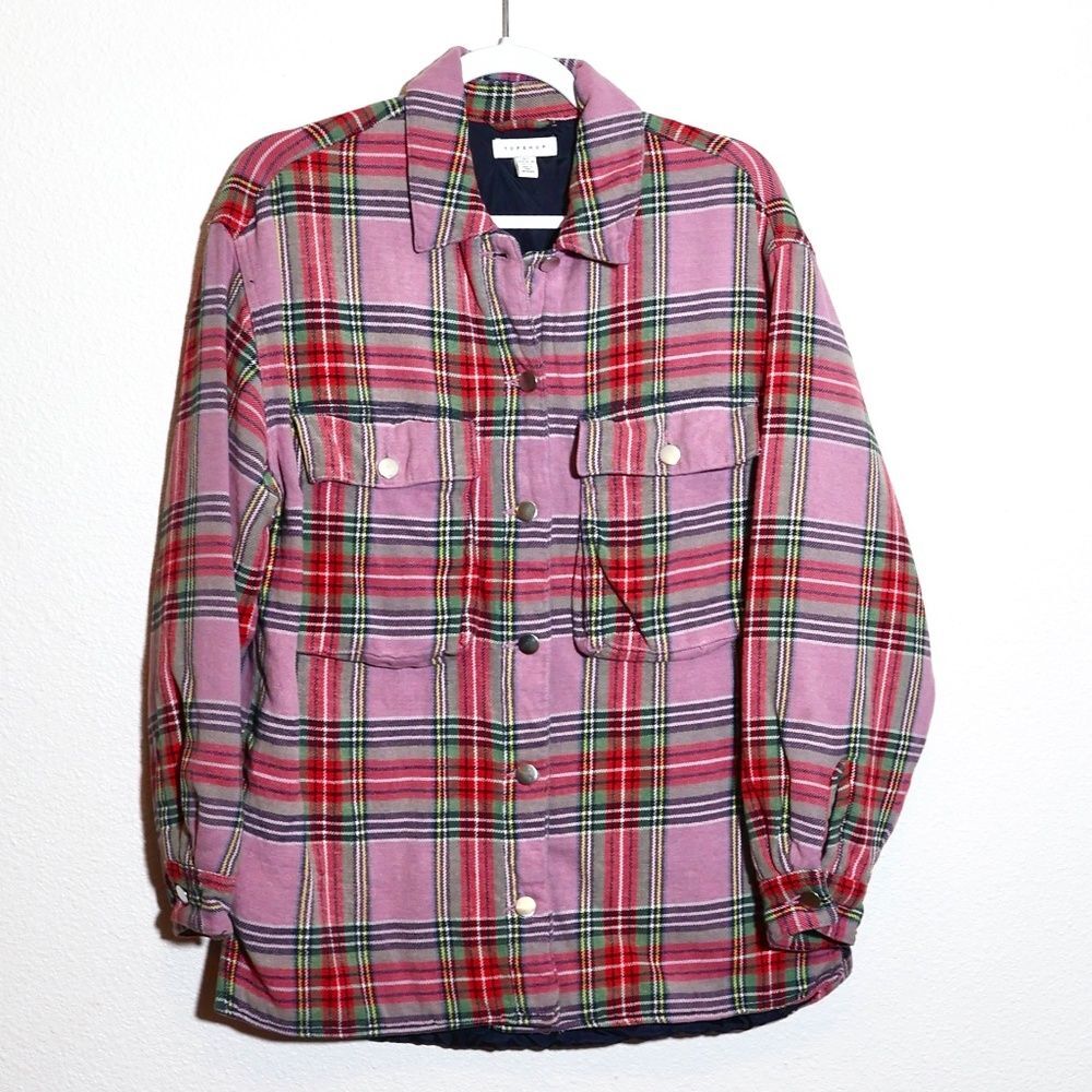 Topshop Pink Plaid Lined Cotton Snap Button Shacket Shirt Jacket SIZE S